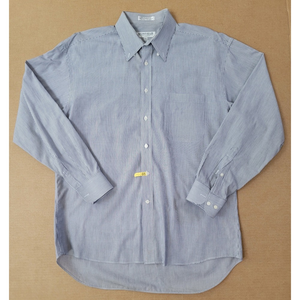 Monsieur by Givenchy Mens Blue White Striped Cotton Dress Shirt 16.5 34/35